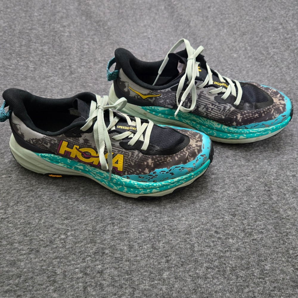 Hoka Speedgoat 5 Size 8 Trail Running Shoes Black Teal Yellow Vibram Sole